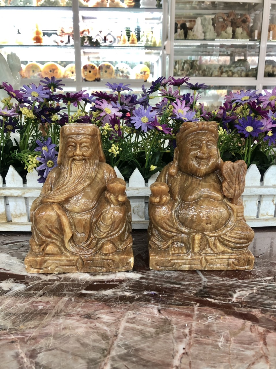 Bộ Thần Tài Thổ Địa đá cẩm thạch trắng xanh - Cao 15cm
