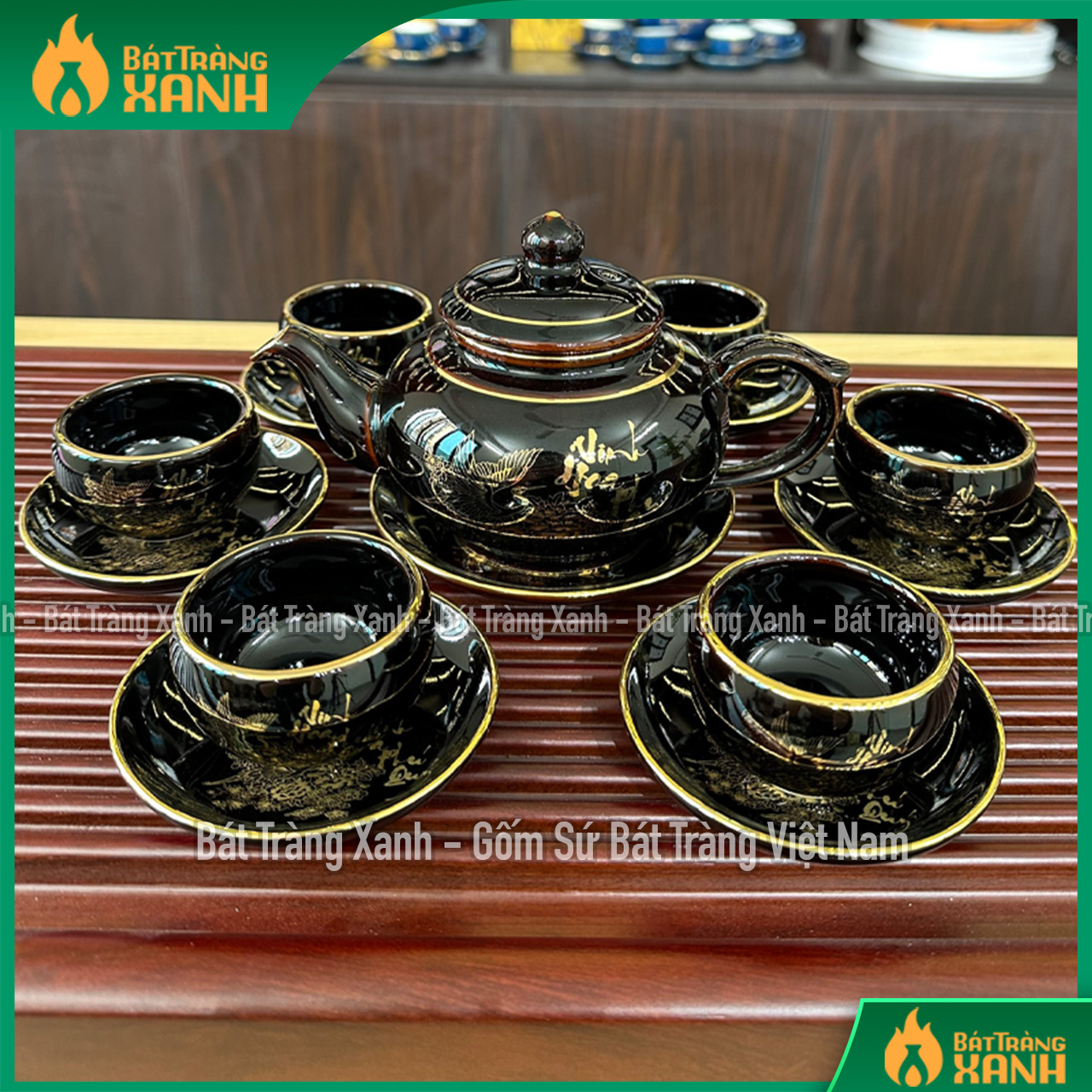 Bộ Ấm Chén Men Đen Bóng VInh Hoa Phú Quý - Bộ Ấm Trà Bát Tràng Đẳng Cấp