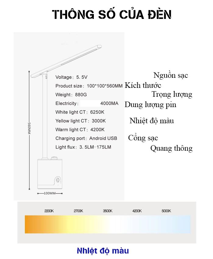 Đèn LED đọc sách, đèn làm việc, đèn học chống cận, đèn ngủ thông thông minh, tích điện 4000mA GX, 3 chế độ ánh sáng, thời gian pin chờ lên đến 6 tháng (pin đã sạc còn lưu trong đèn) (vàng)