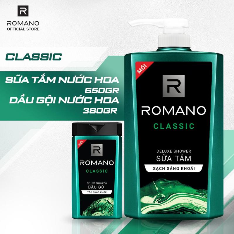 Combo Romano Classic: Sữa tắm phiên bản Duluxe sạch sảng khoái 650g và Dầu gội cao cấp lịch lãm tóc chắc khỏe 380g nhập khẩu