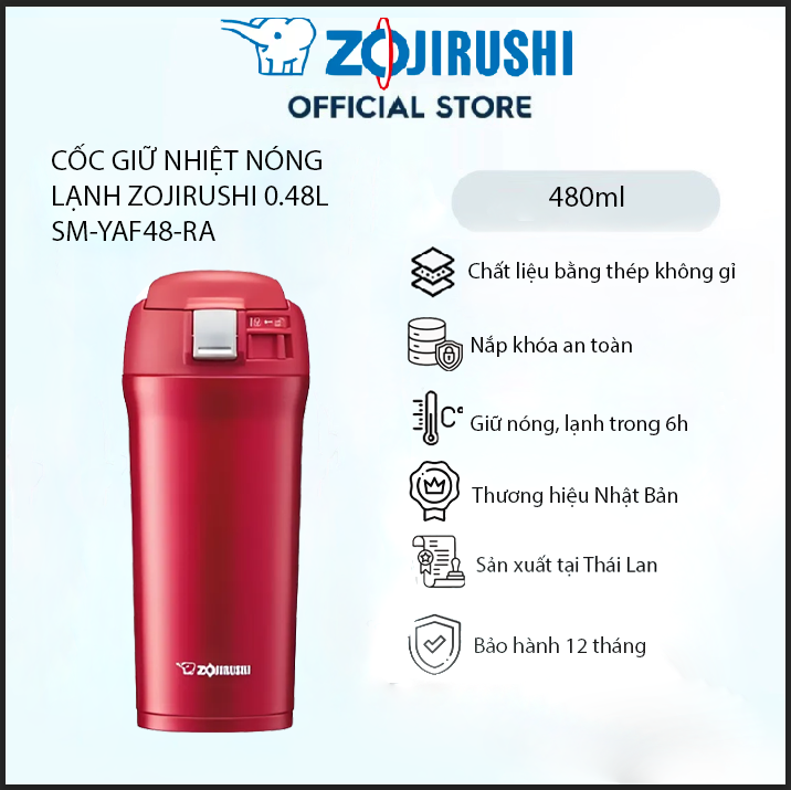 Bình giữ nhiệt nóng lạnh zojirushi sm-yaf48-ra 0,48l, bảo hành giữ nhiệt 1 năm