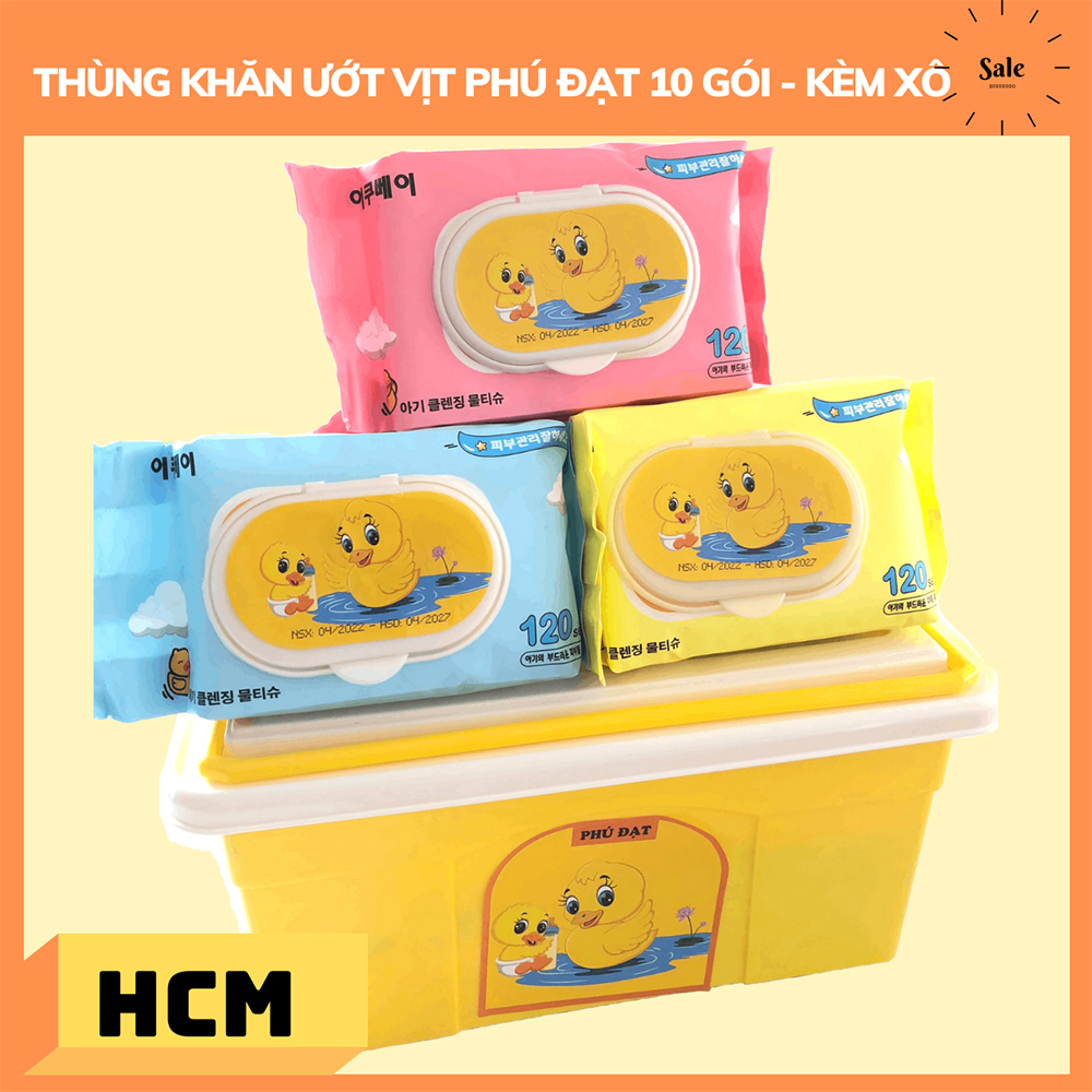 Xô 10 khăn giấy ướt phú đạt vịt vàng không mùi tặng kèm xô