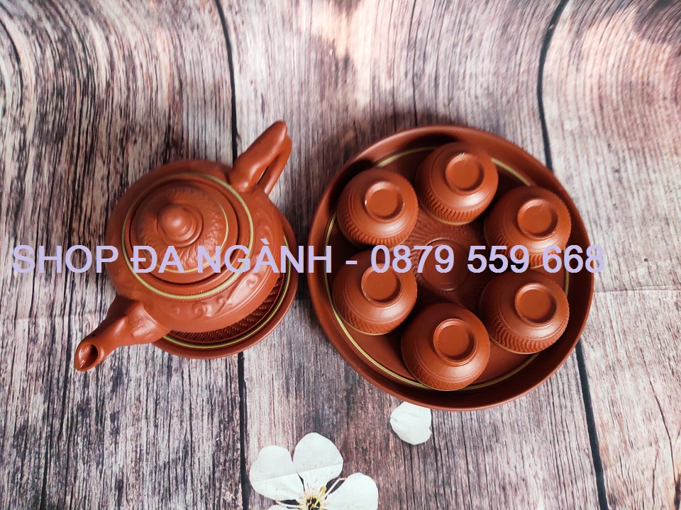 Bộ ấm chén gốm tử sa chóp tròn có khay 1 lớp