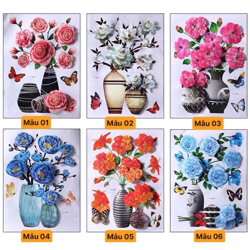 Tranh Decal Dán Bình Hoa 3D Hoa Nổi Trang Trí