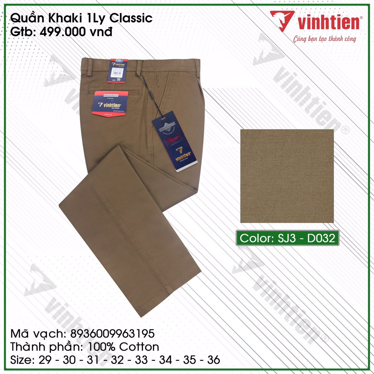 Quần Kaki 1 Ly Trung Niên Vĩnh Tiến 100% Cotton Màu Nâu Cao Cấp D032