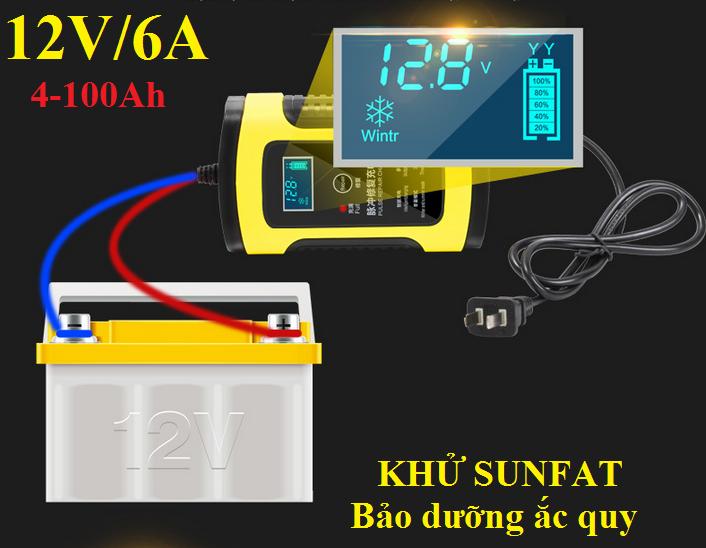 Sạc bình ắc quy 12V 6A từ 4ah - 100Ah có khử sunfat phục hồi ắc quy