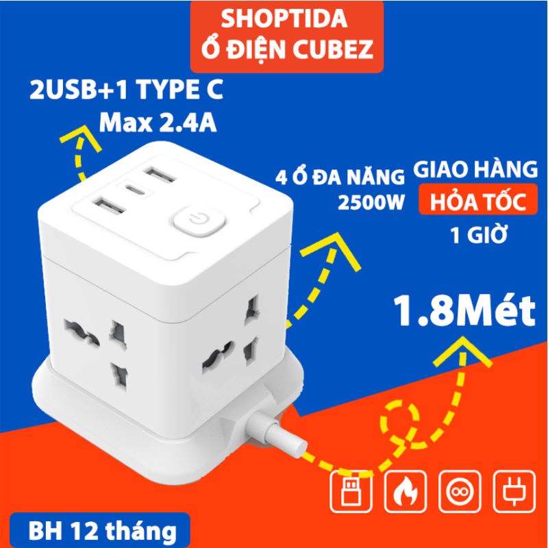 Bảng giá Combo 2 Ổ Cắm Điện Đa Năng CubeZ/WorkZ Shoptida 3 Cổng USB/TypeC 12W và 4 Ổ Điện chịu tải 2500W Dây nối dài 1.8m