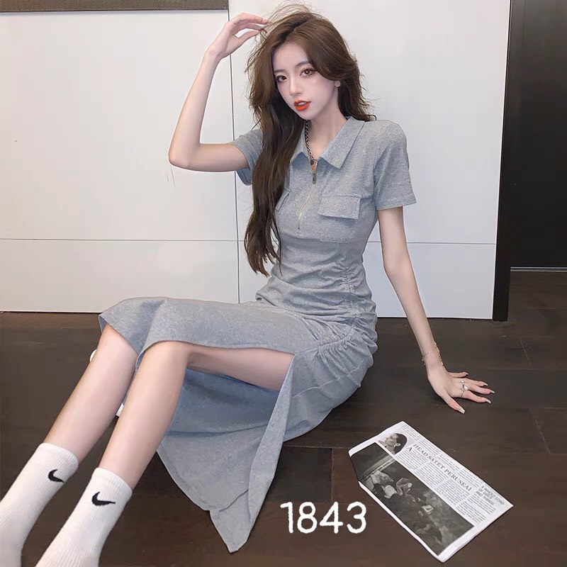 Váy nữ body thun xẻ tà nhún sườn dây kéo cổ sơ mi, Đầm nữ polo dáng dài dây kéo phối túi tay ngắn rút eo