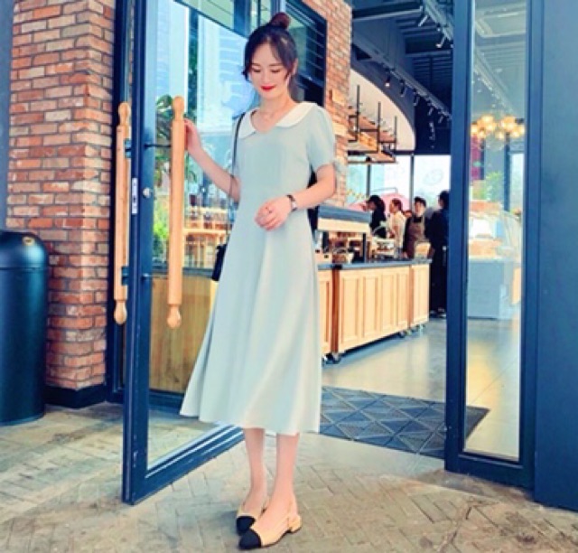 Đầm mint phối cổ trắng