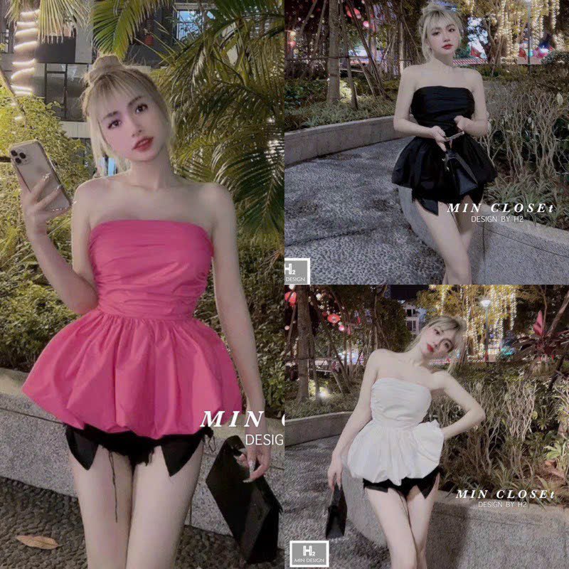 Áo ống bí trơn hoa loang màu có mút