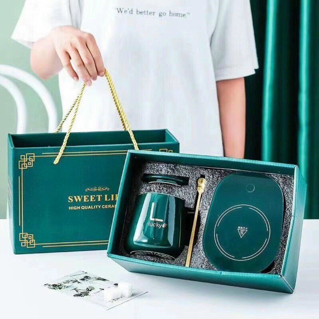 Bộ ly sứ có nắp kèm đế hâm tiện lợi, bộ cốc hâm nóng giữ nhiệt, ly sứ có đế hâm nóng kèm thìa mạ vàng