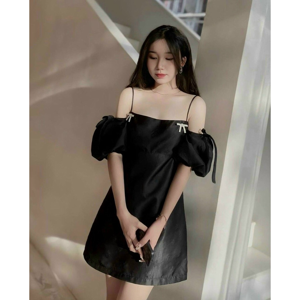 ( Hàng có sẵn) ĐẦM ĐEN 2S RỚT TAY PHỒNG ĐÍNH NƠ JL7
