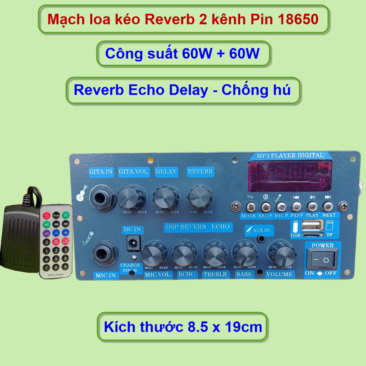 Mạch loa kéo 2 kênh pin 18650 7.4V 60W + 60W loa kéo 2.5 tấc đôi