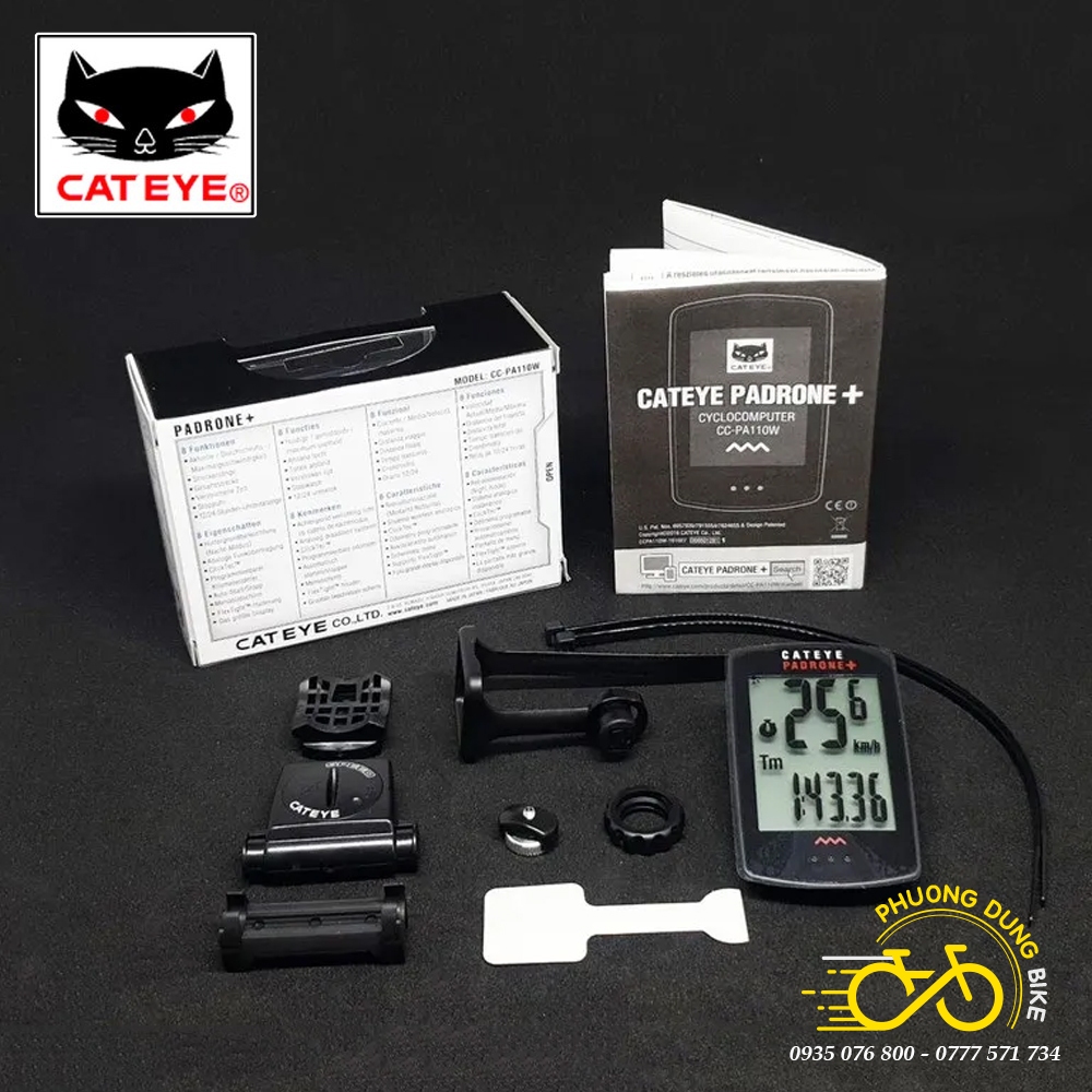 Đồng hồ đo tốc độ xe đạp không dây CATEYE Padrone+ CC PA110W (Japan - Có Đèn Nền)