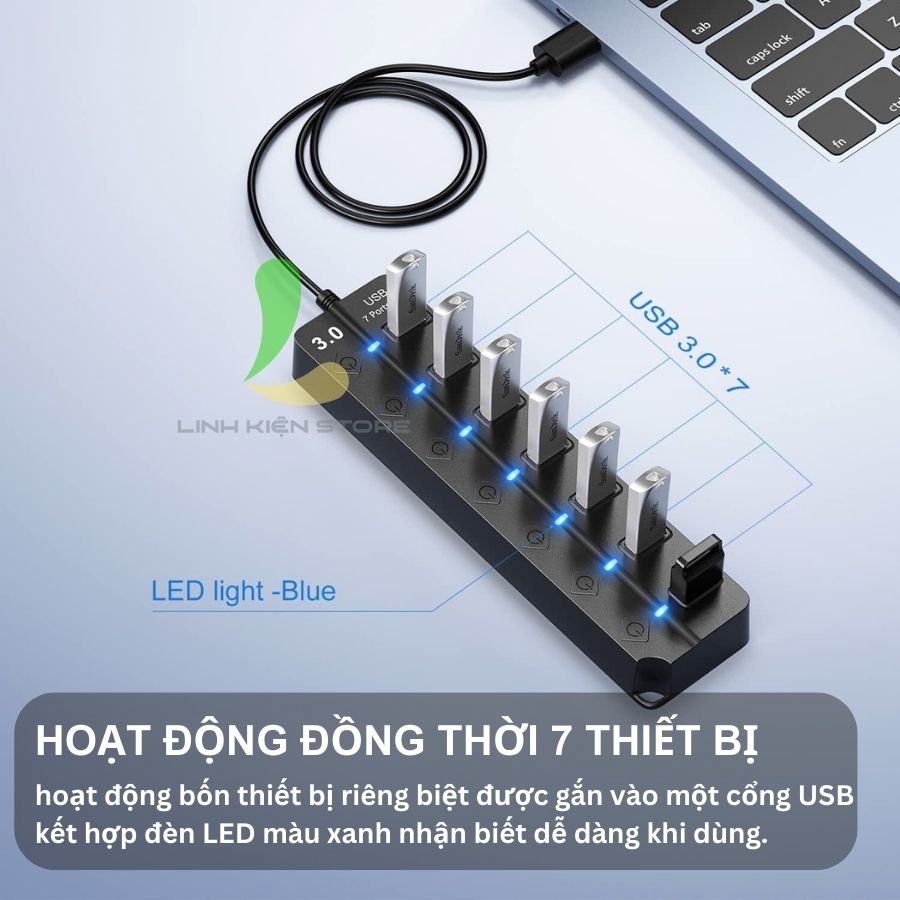 Bộ chia USB 7 cổng USB 3.0 - Hub USB tốc độ cao có đèn led hỗ trợ máy tính, PC