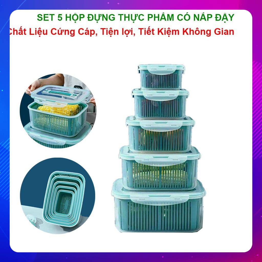 Bộ 5 Hộp Đựng Đồ, Thực Phẩm Bảo Quản Tủ Lạnh Đa Năng Kèm Rổ Có Nắp Đậy Thiết Kế 2 Lớp Cao Cấp.