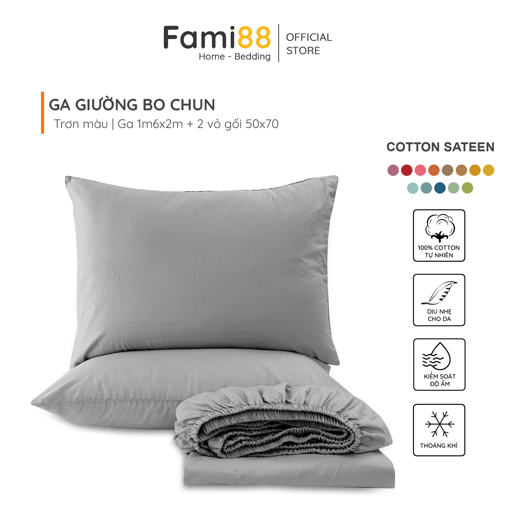 Ga giường 1m6x2m Cotton Satin Fami88 Bedding trơn màu