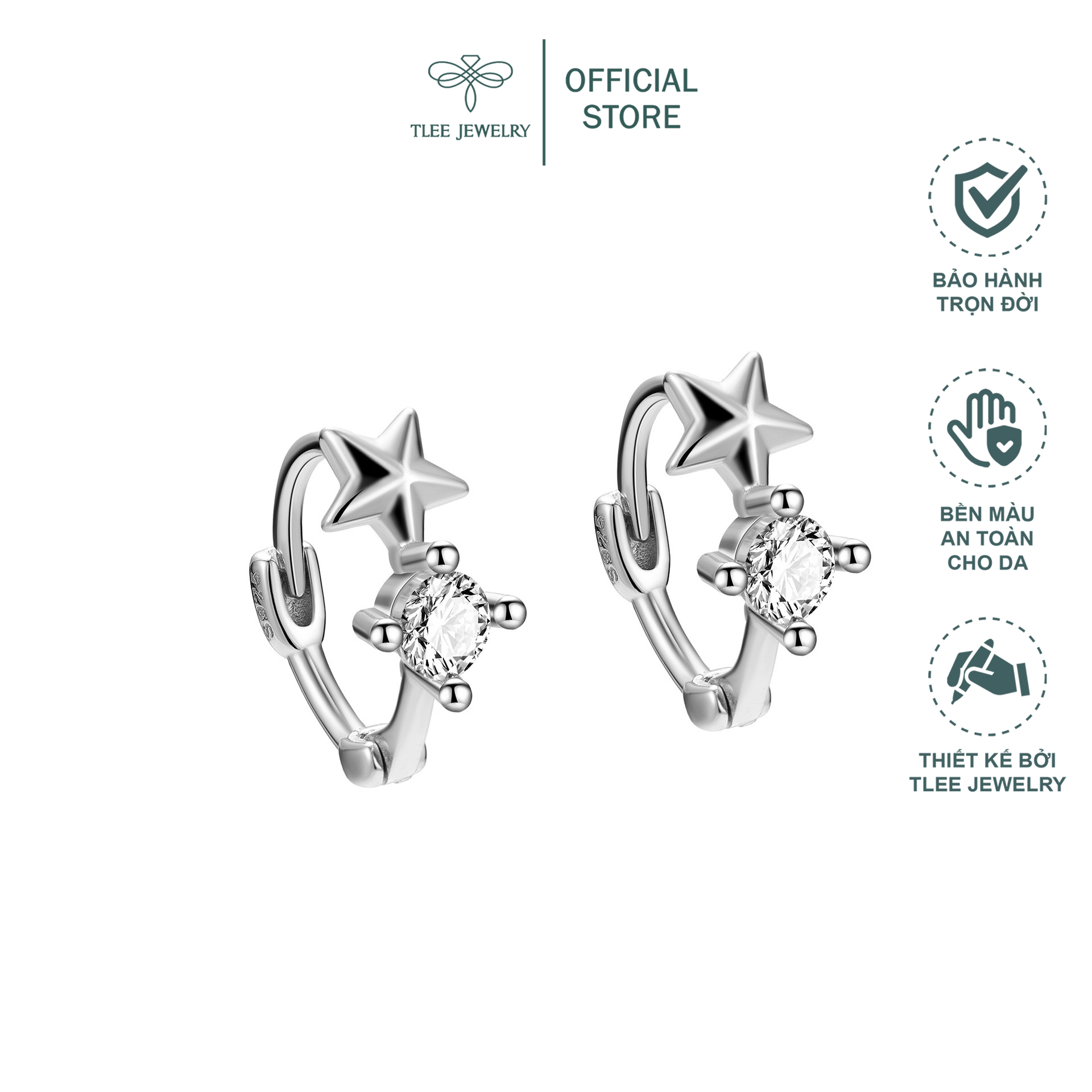 Khuyên tai nữ bạc TLEE tròn chốt bấm hình sao xinh xắn TleeJewelry B0172
