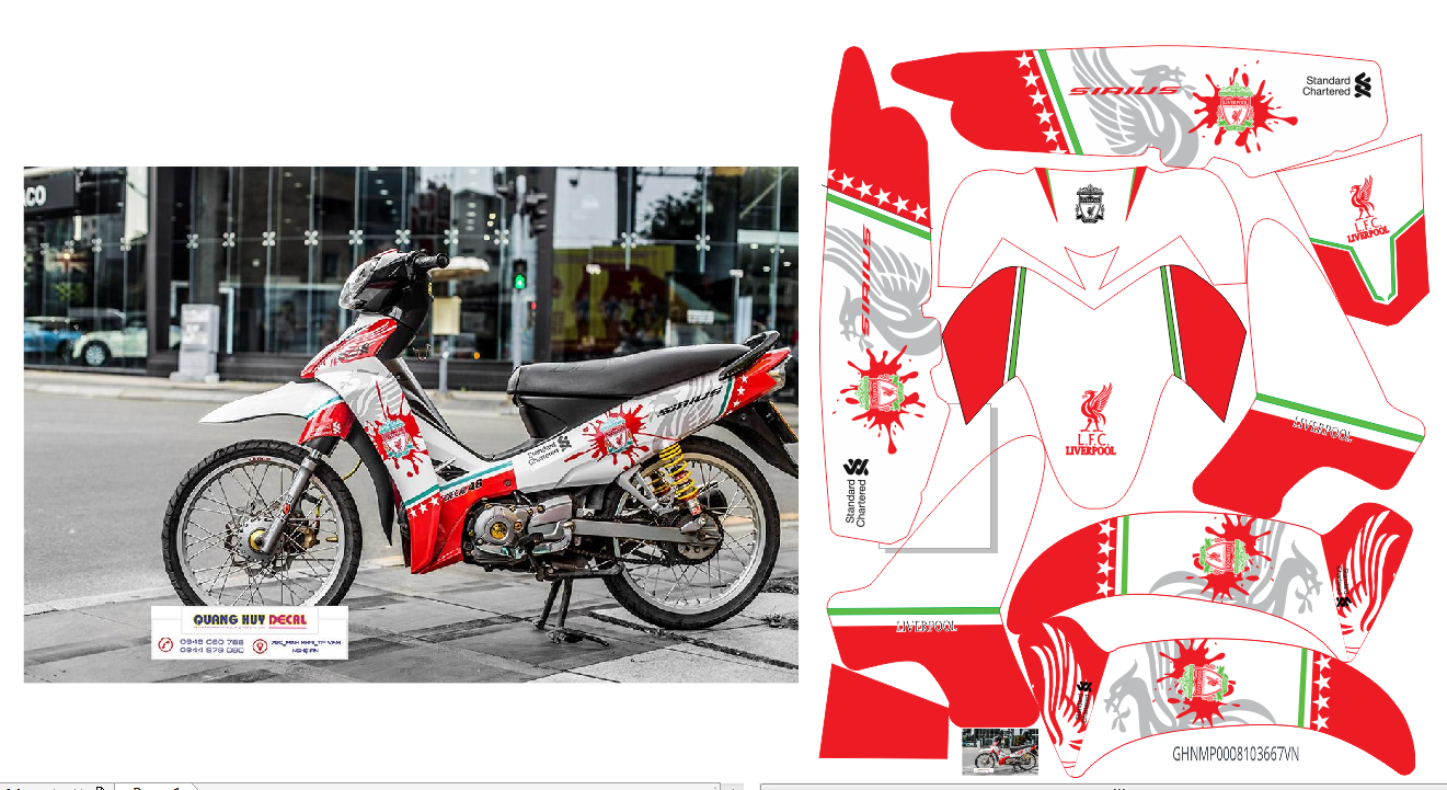 Tem trùm xe máy sirius Liverpool đỏ trắng - Độ tem xe máy sirius thiết kế theo yêu cầu - Chế tem trùm xe máy sirius rẻ đẹp