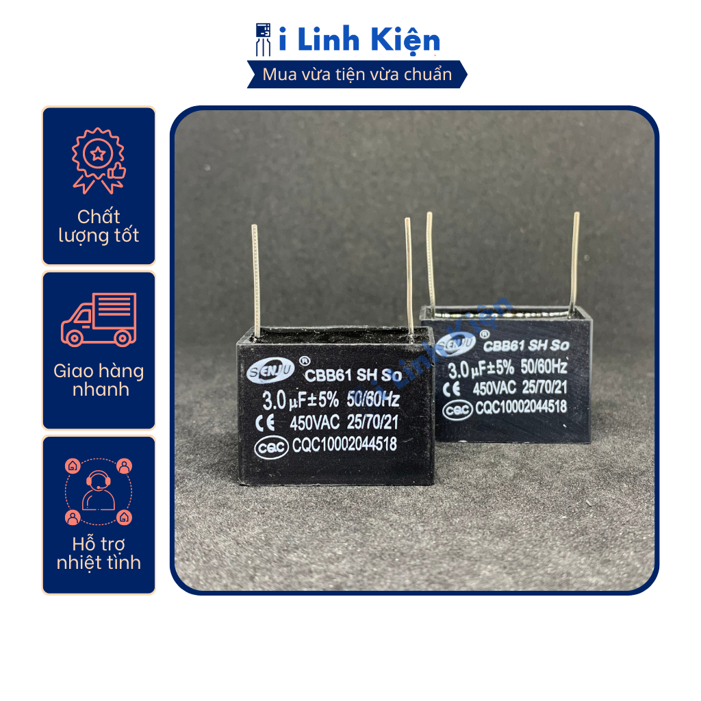 Tụ quạt 3uF 450VAC chân hàn mạch PCB CBB61
