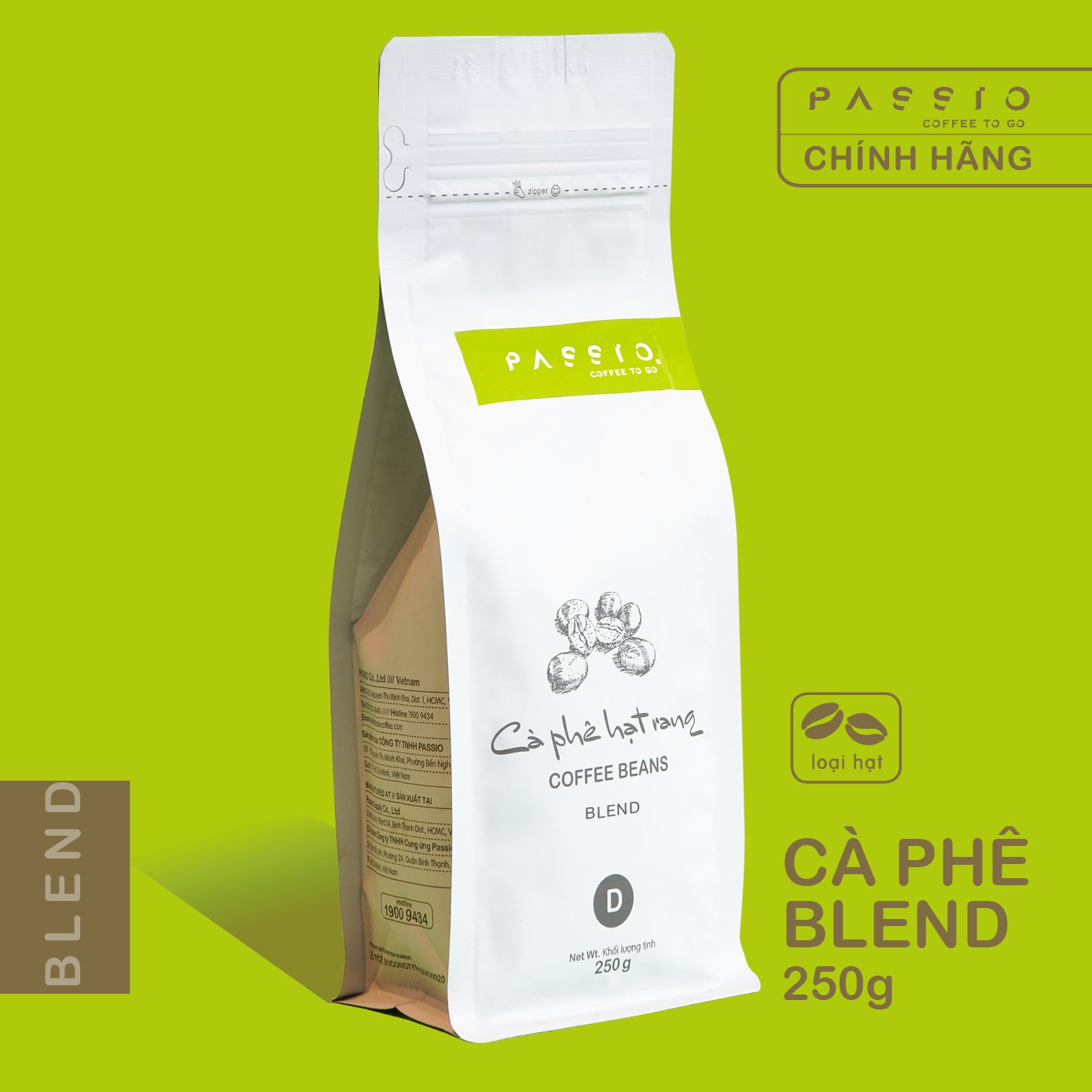Cà phê Blend dạng Hạt nguyên chất 100% rang mộc - Passio Coffee (250g)
