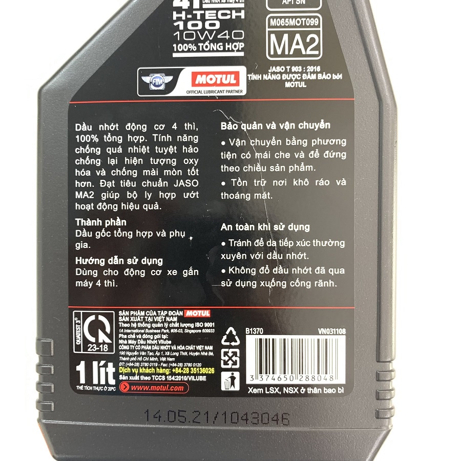 Nhớt MOTUL H-Tech 100 4T 10W40 ( Tổng Hợp - Mô Tô PKL)