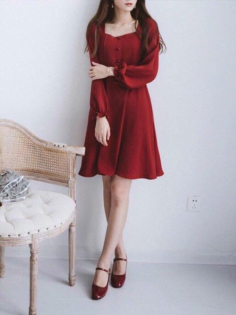[HCM]Đầm đỏ tay dài nút bọc (kèm hình thật)