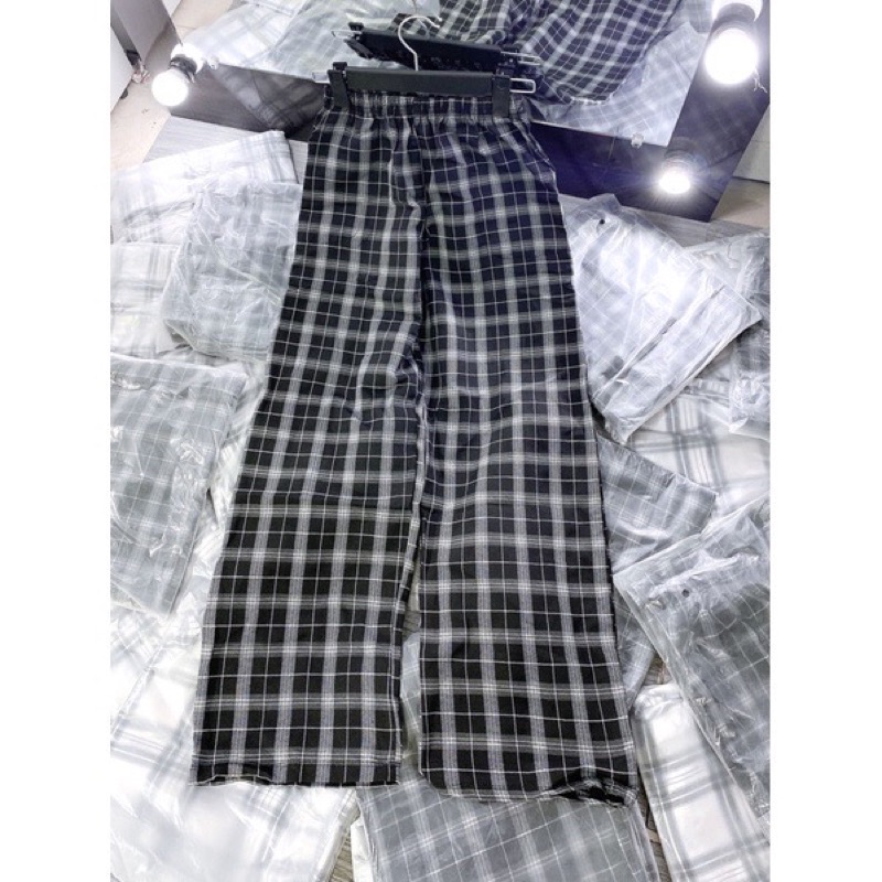 [Rẻ vô địch] Quần kẻ caro ống rộng cạp chun freesize