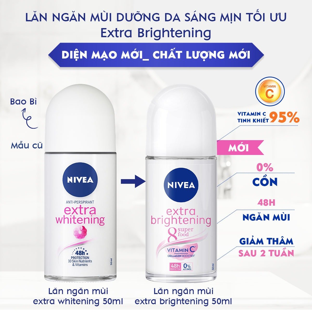 [HCM]Lăn Khử Mùi Trắng Mịn Mờ Vết Thâm Nivea Extra Whitening 50ml