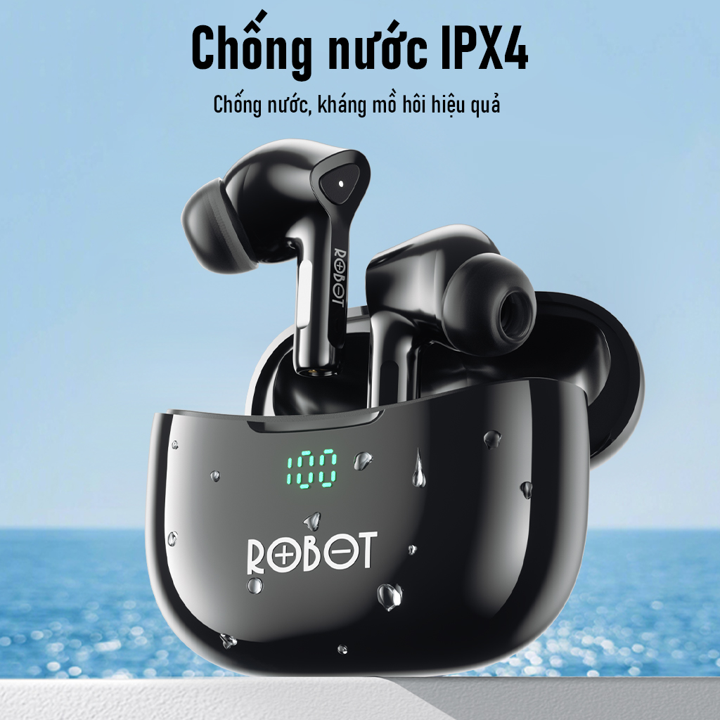 Tai nghe bluetooth Robot Airbuds T30 Plus hiển thị LED chống nước IPX4 thời gian nghe nhạc 21h thiết kế tai nghe không dây bass mạnh đàm thoại trong rõ tích hợp microphone tiện dụng thời gian nghe nhạc