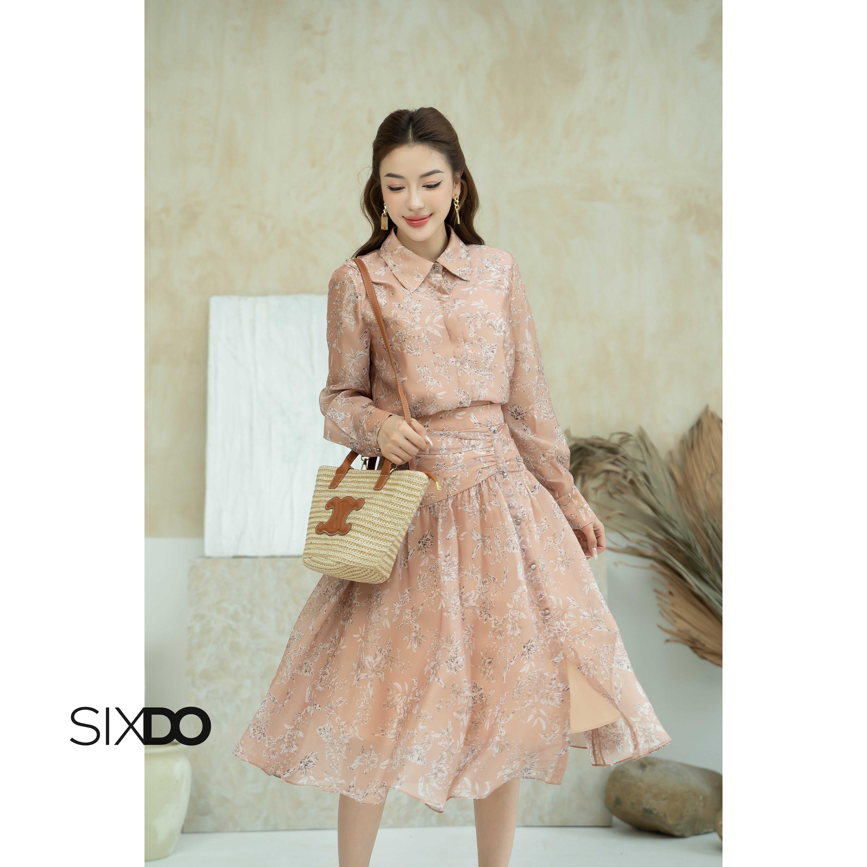 Chân váy tơ nâu hoa SIXDO (Light Brown Floral Midi Skirt)