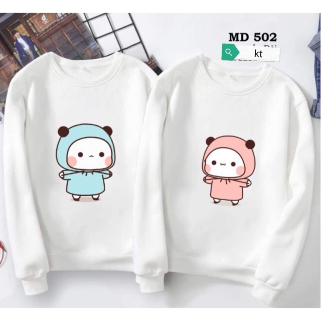 Áo nỉ đôi( 2 áo) in gấu xanh hồng