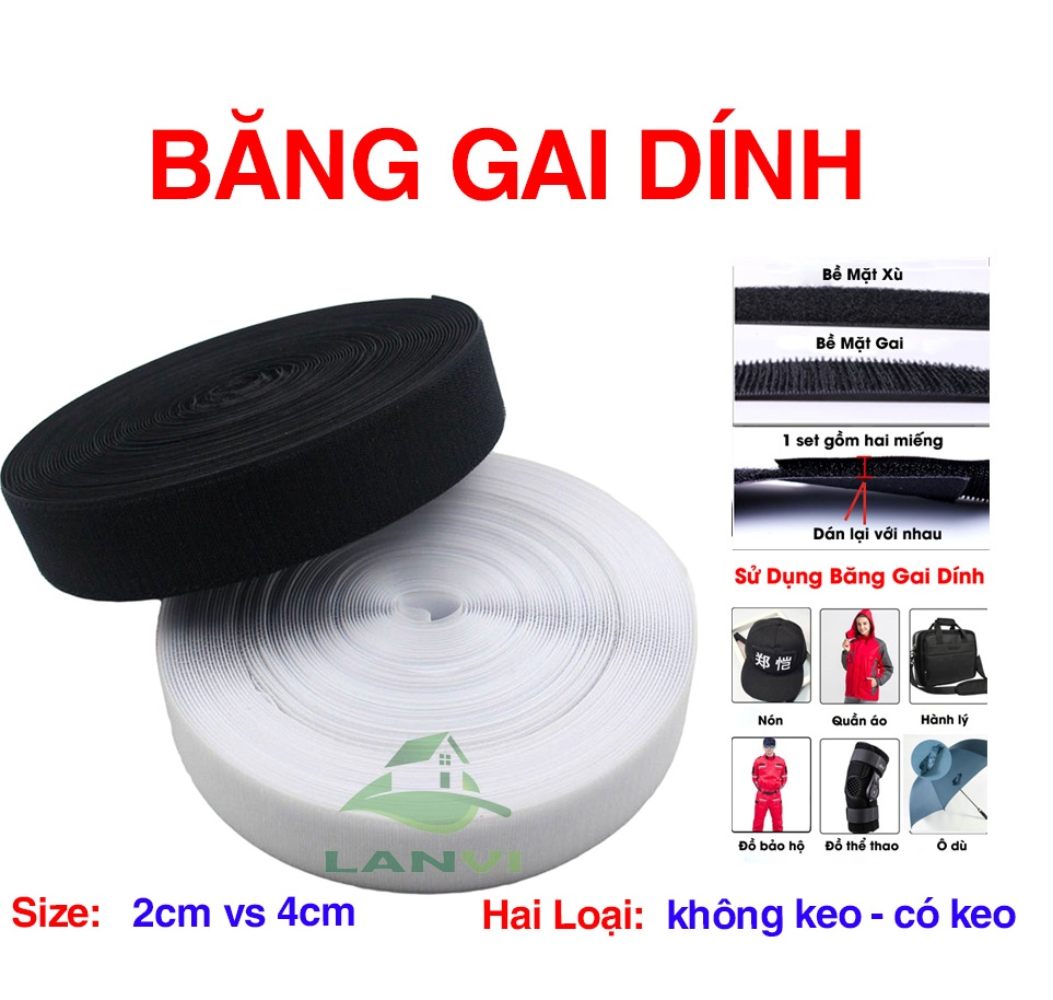 Băng gai dính khóa nhám gai, miếng dán vải 2 mặt dán các vật dụng khổ 2cm