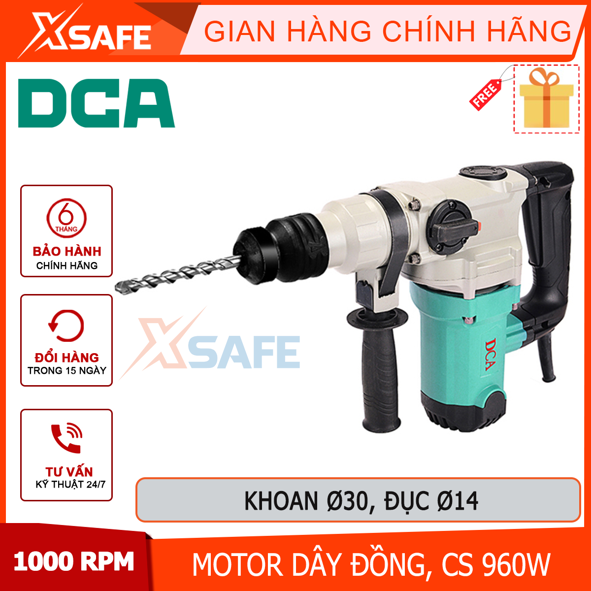 Machine drill chisel concrete portable DCA azc04-30 power 960W, drill bit diameter: 30mm, Chisel tip: 14mm, no-load speed: 1000 times/minutes