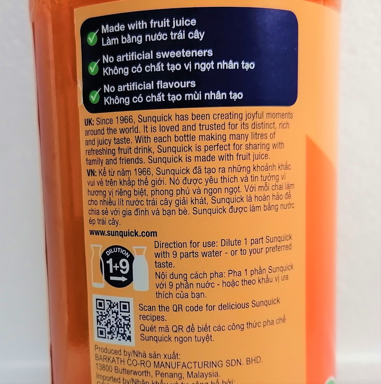 [Chai 800ml – QUÝT] NƯỚC ÉP TRÁI CÂY CÔ ĐẶC [Malaysia] SUNQUICK Mandarin Fruity and Refreshing (halal)