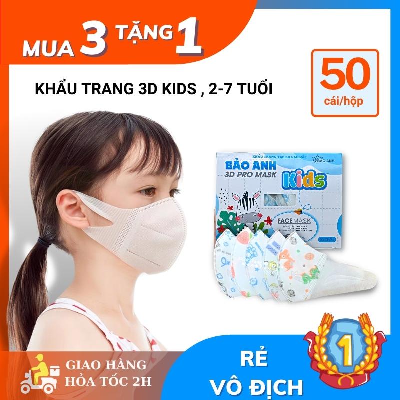 Hộp 50 khẩu trang Trẻ Em 3D Mask KIDS dành cho bé từ 2 đến 7 tuổi sử dụng