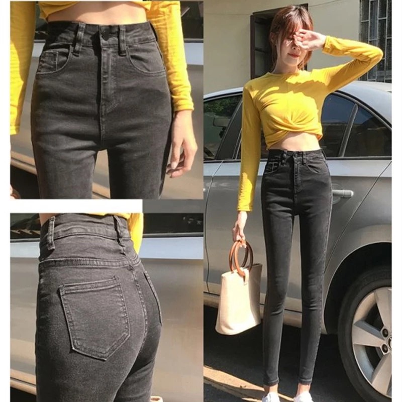 Quần jeans nữ basic skinny xám trơn co giãn + áo thun trơn