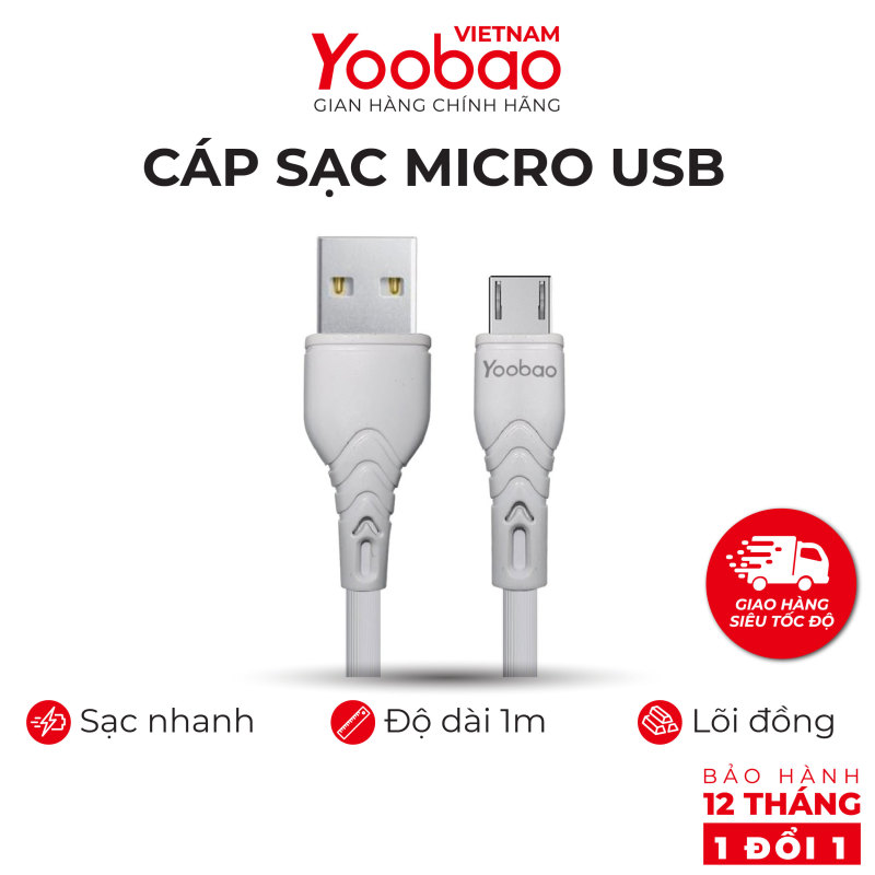 Dây cáp sạc Micro USB YOOBAO C5 Sạc ổn định dài 1m - Hàng phân phối chính hãng - Bảo hành 12 tháng 1 đổi 1