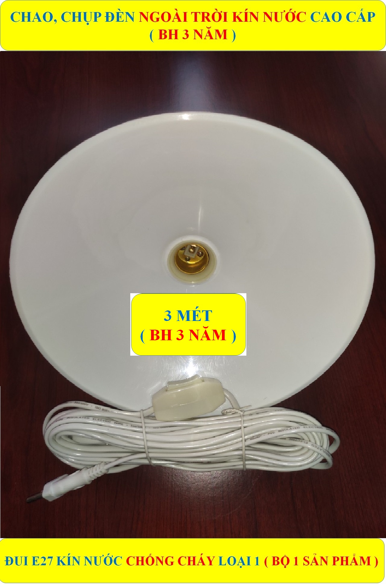 Chao đèn, chụp đèn ngoài trời KÍN NƯỚC hình đĩa 25 cm (BH 3 NĂM) cao cấp + Dây dài 3/5/10 mét + 1 công tắc (bộ 1 sản phẩm)