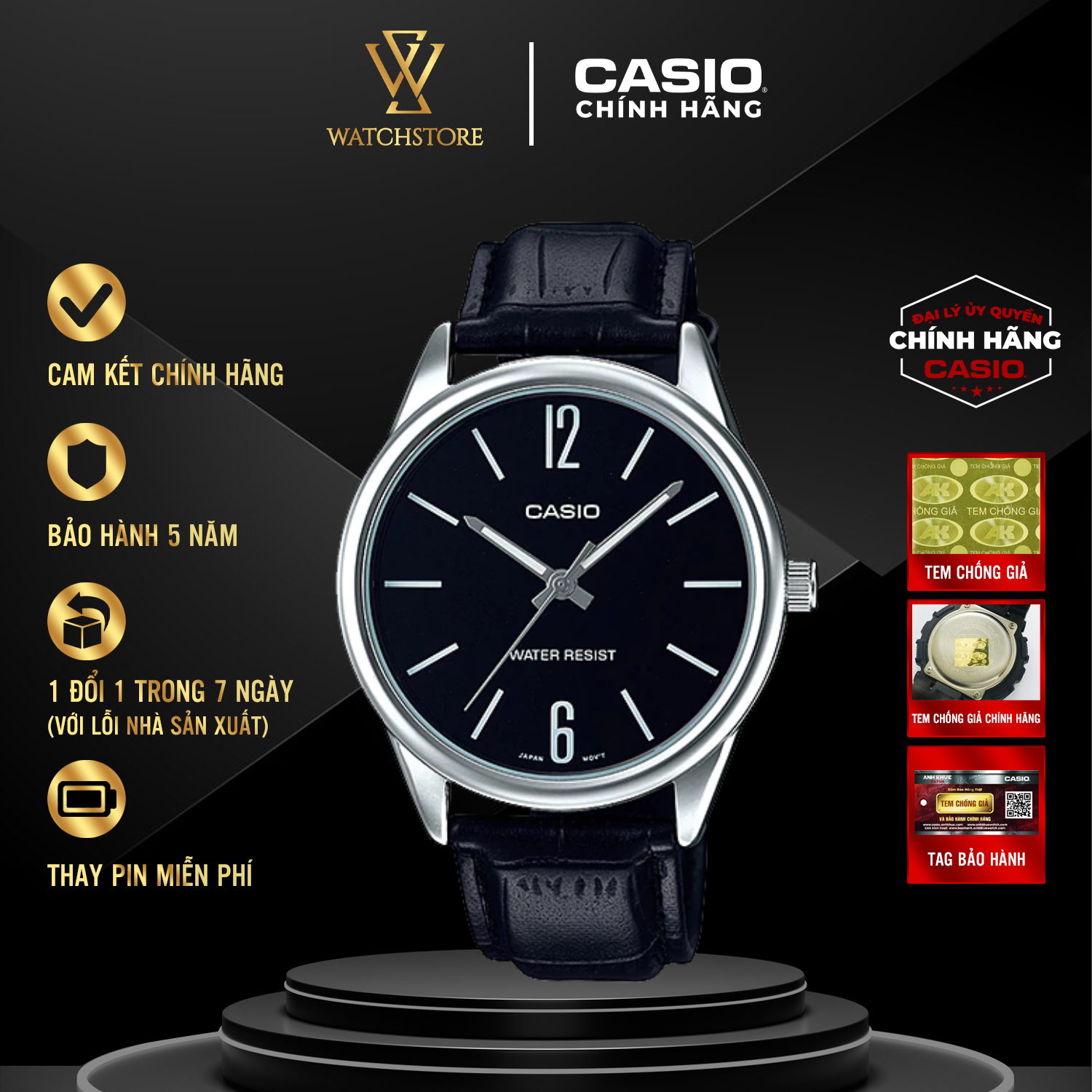 Đồng hồ nam casio mtp-v005l-1budf trang trọng lịch lãm mặt kính khoáng đen dạ quang 40mm chống nước dây da chính hãng casio - watchstore