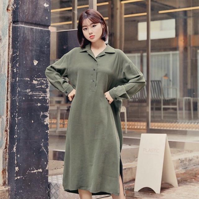 Đầm Suông Xanh Rêu Cổ Sơ Mi ( dưới 60kg )