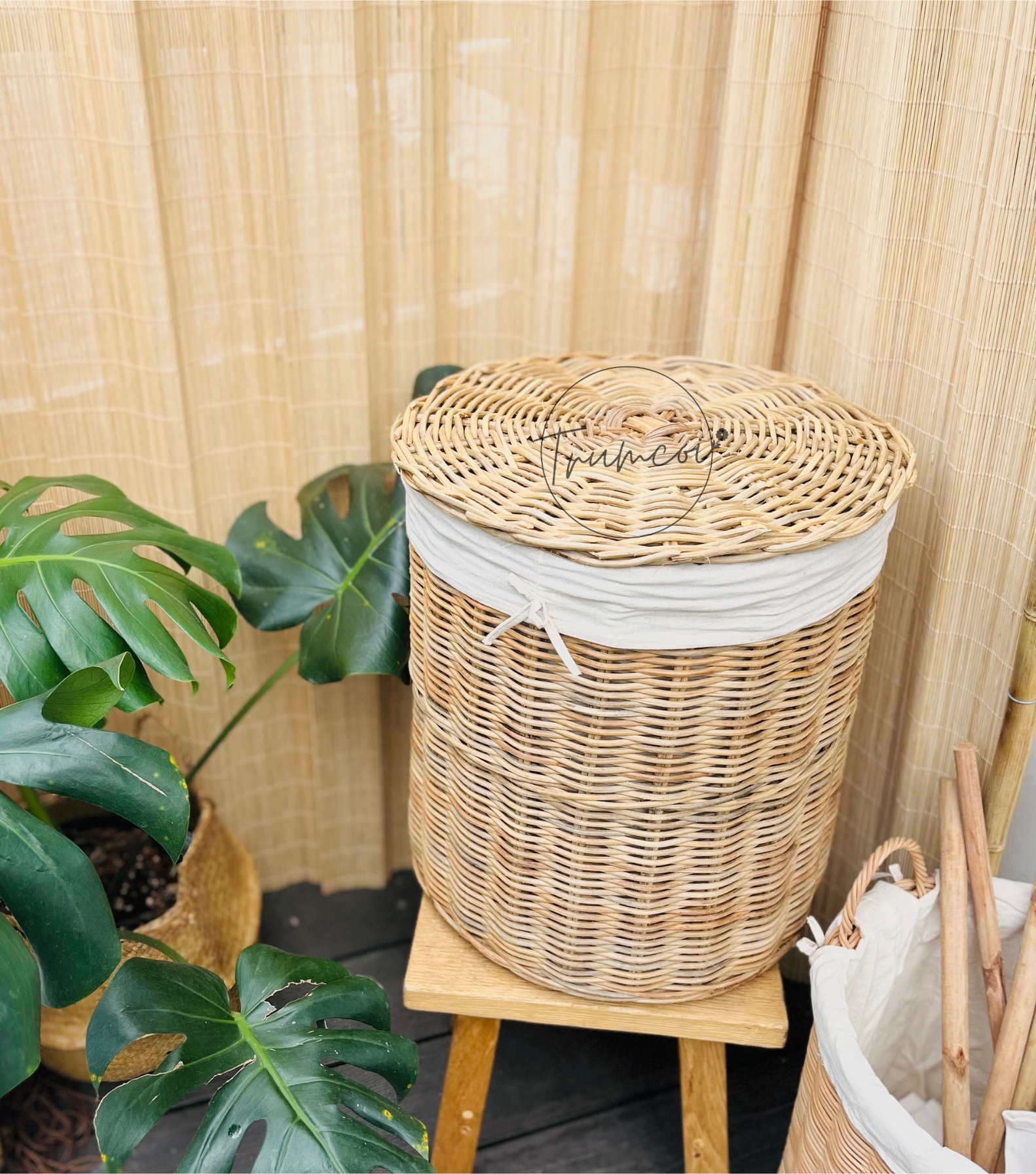 Sọt mây đựng đồ giặt có nắp (hình trụ tròn)