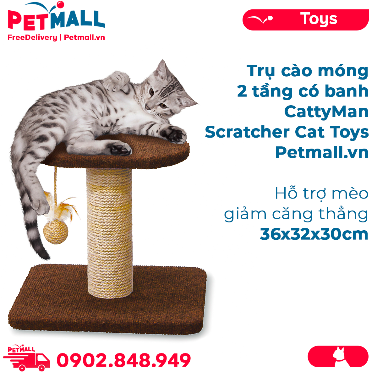 Trụ cào móng 2 tầng có banh CattyMan Scratcher Cat Toys Size 36x32x30cm - Hỗ trợ mèo giảm căng thẳng Petmall