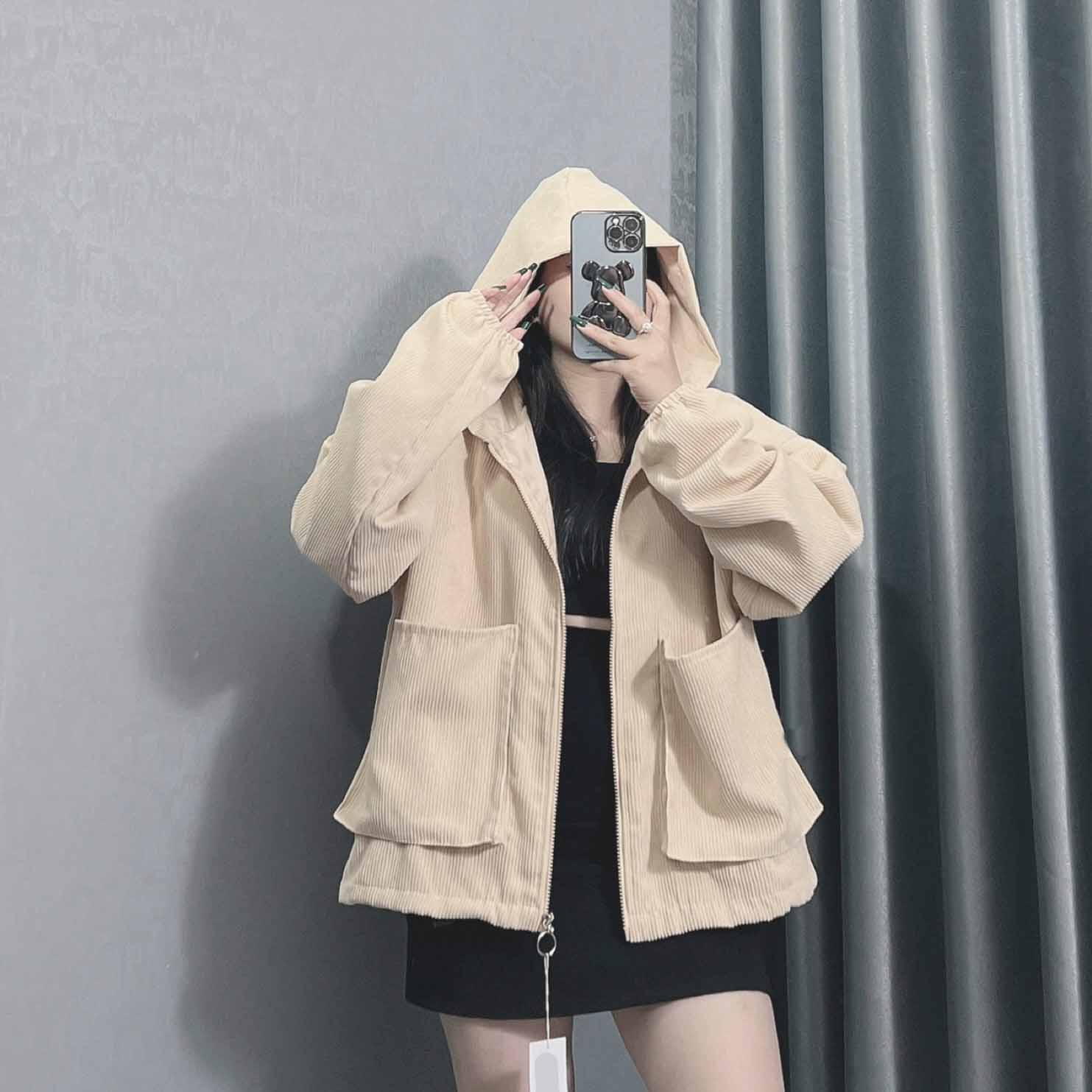 Áo khoác nhung túi hộp nữ hàng 2 lớp có nón to và túi trong chất nhung dày đẹp size tới 70kg - trùm túi a1 01