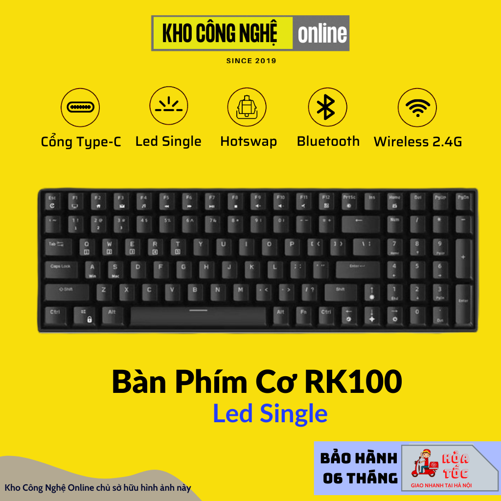RK100 - Bàn phím cơ không dây RK100 RK860 Wireless 2.4G + Bluetooth 5.0 + Có dây Type C + Hotswap thay nóng các Switch