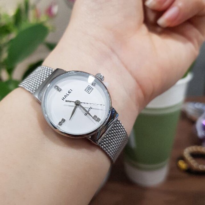 Đồng hồ cặp đôi nam, nữ dây thép lụa Halei Sliver