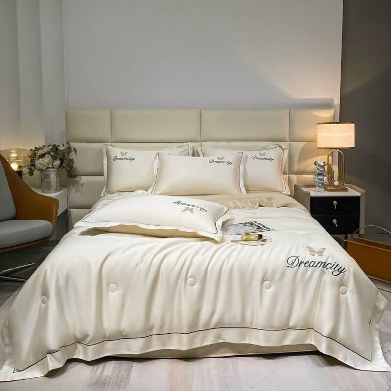 🌹(CHIBEDDING) SET VỎ CHĂN GA GỐI PHI LỤA THÊU NƠ PHỐI VIỀN 4 MÓN NHẬP KHẨU