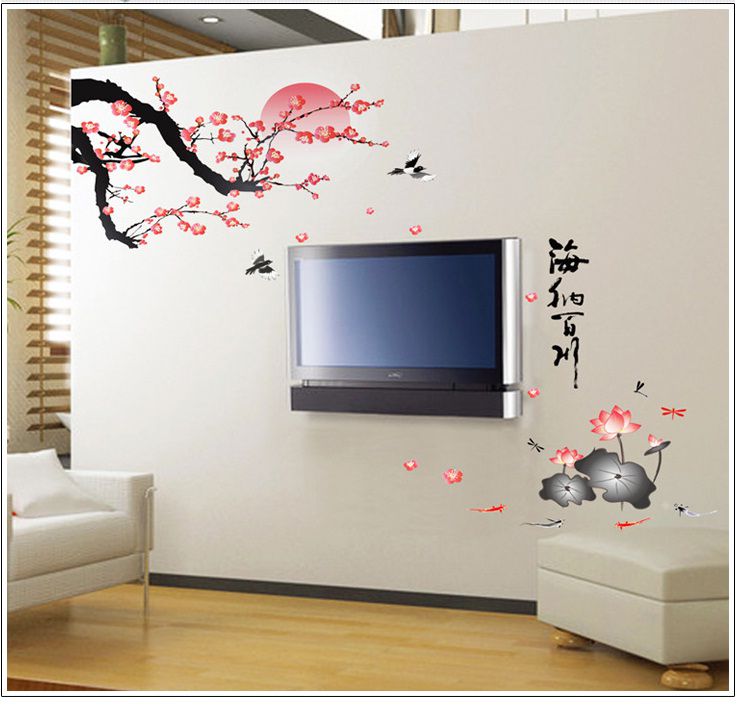 [HCM]Decal dán tường trang trí nhà cửa Cành đào thư pháp - decan cao cấp AMYSHOP