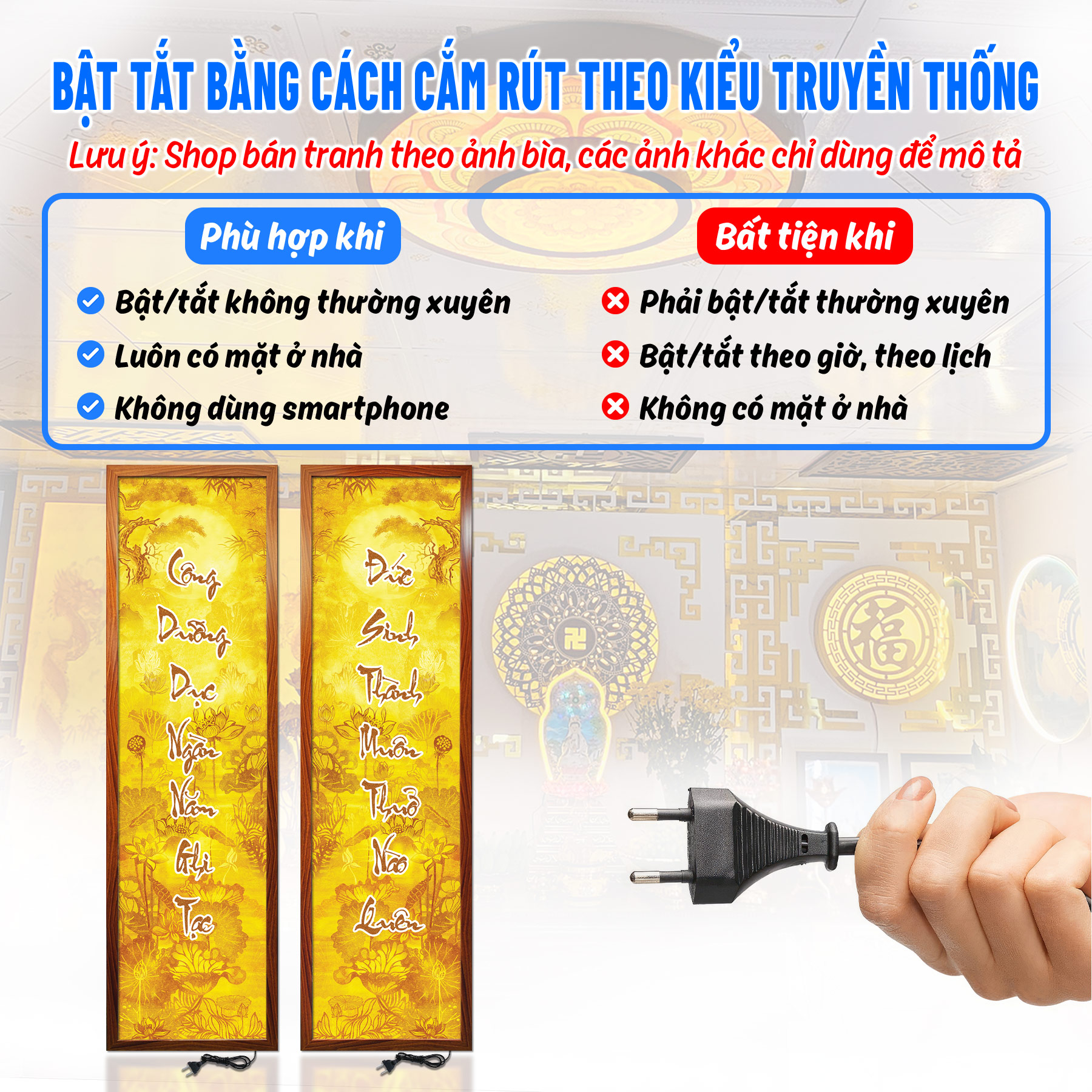 Đèn bàn thờ hoa sen câu đối in tranh trúc chỉ bộ đôi chân thiện mỹ, tranh treo phòng thờ, ban thờ gia tiên tc-td-55