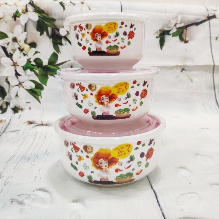 [HCM]bộ 3 thố sứ có nắp - bộ 3 hộp cơm